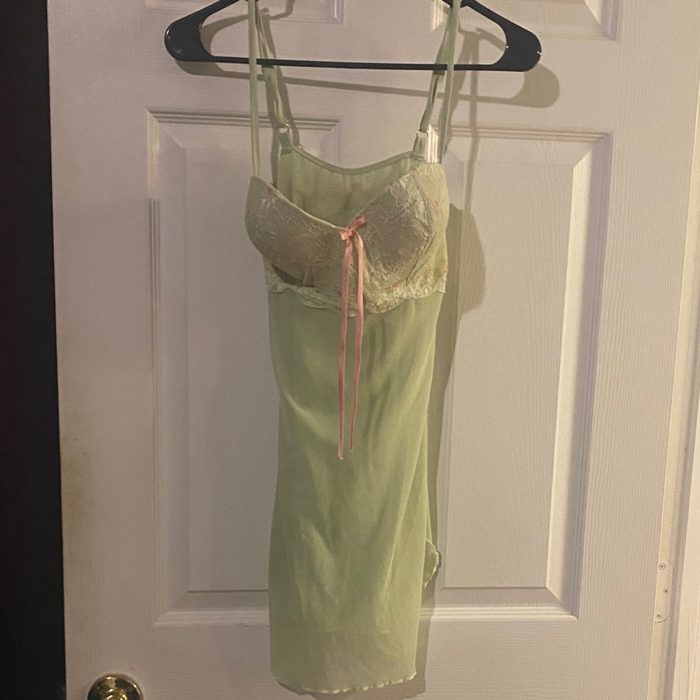 Lace Trim Light Green Chemise with Pink Bow